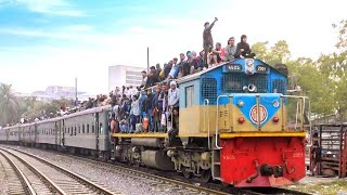 Crowded commuter train left from railway station