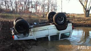 High Flying Jeep Jump Fail - Truck flips over!