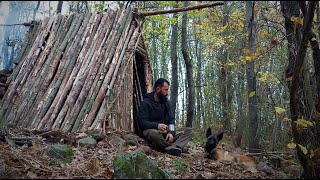 Bushcraft Camp: Fireplace inside, Primitive Shelter Build with Hand Tools, Log Cabin, Wild Camping
