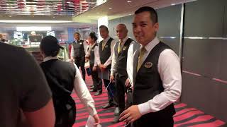 MSC Meraviglia Cruise Ship Waves Restaurant Greeters Lunch Deck 5 April 22nd 2023 4K video