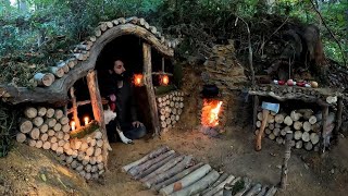 FANTASTIC FOREST HOUSE - 7 Day Building a Survival Shelter with Fireplace, Bushcraft Cooking Camping