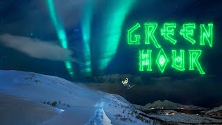 Green Hour: Ståle, Torgeir and Rene snowboard under the Northern Lights.
