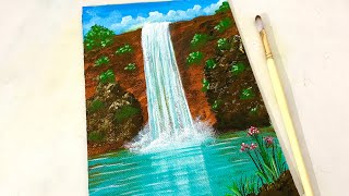 Easy Waterfall Landscape Painting tutorial for beginners || Step by step Waterfall landscape Paintin
