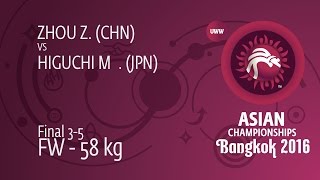 BRONZE FW - 58 kg: Z. ZHOU (CHN) df. M. HIGUCHI (JPN) by TF, 12-1