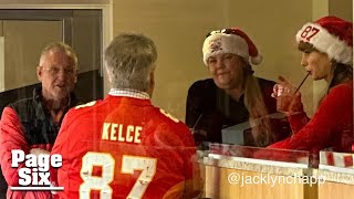 Taylor Swift’s parents spotted mingling with Travis Kelce’s dad Ed in suite before Chiefs game