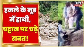 Uttarakhand के पूर्व CM Trivendra Rawat को हाथी ने दौड़ाया, डरकर चट्टान पर चढ़े ! | Elephant Video