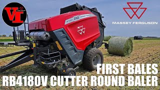 First Bales with Massey Ferguson  RB4180V Cutter Round Baler in Rye Grass Cover Crop