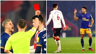 Duje Ćaleta redcard Jacob Murphy waving goodbye after he gets sent off  (Southampton 0-1 Newcastle)