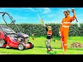 Lawn mowing video for toddlers with BLiPPi toys leaf blowers, garbage trucks and real fire engines