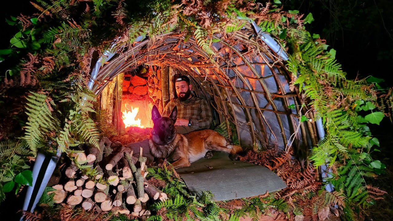 3 Days Solo Bushcraft Shelter Camp With Fireplace Inside. Forest ...