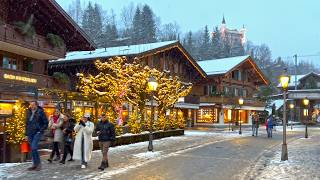 Gstaad Snowfall Christmas lights Walk 2024 December ❄️ 🎄 🌨 4K Winter Switzerland Snow Walking Tour🇨🇭