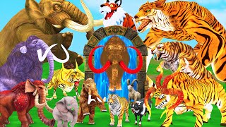 10 Mammoth Elephant Cow Buffalo vs 10 Giant Tiger Wolf vs Dinosaur Fight Cow Saved by Woolly Mammoth