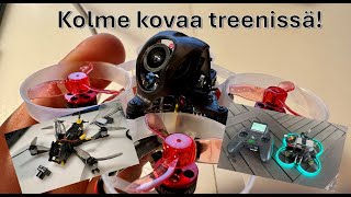 Kolmen fpv dronen lentämisen treenaamista eri olosuhteissa