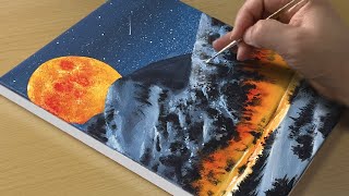 Painting a Winter Scenery with a Full Moon / Acrylic Painting