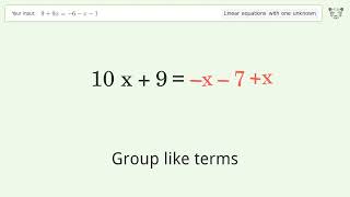Solve 9+9x=-6-x-1: Linear Equation Video Solution | Tiger Algebra