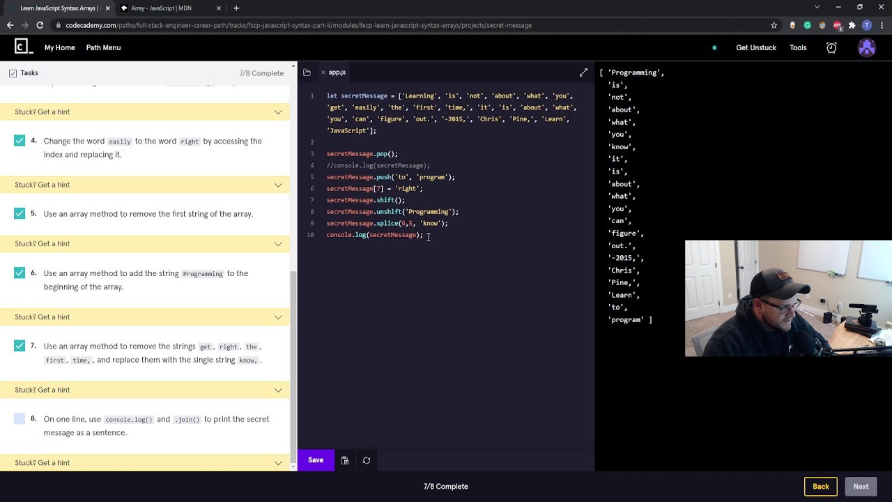 CodeCademy Full-Stack Engineer Pro Course: JavaScript Arrays And ...