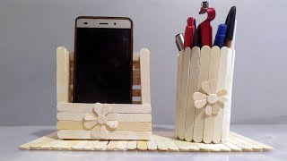 Creative idea to make phone and pencil holder from ice cream sticks - Popsicle sticks - DIYStudio