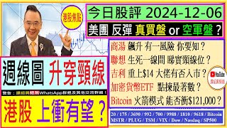 週線圖 升穿頸線 港股 上衝有望？🤗/美團 反彈 真買盤 o r 空軍盤？🤔/商湯 飆升 有一風險 你要知？😅/聯想 生死一線間 睇實頸線位🙄/吉利 重上$14 大佬有否入巿？😘/2024-12-06