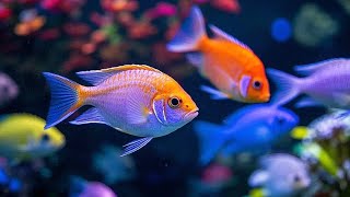 a collection of beautiful, colorful fish playing in the aquarium