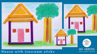 How to make Icecream Stick House on Paper | Easy Icecream Stick House for Kids/Popsicle Stick Craft