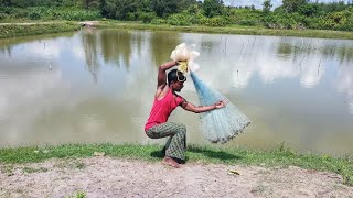 Most Popular Cast Net Fishing in Village Pond - Net Fishing With Beautiful Natural