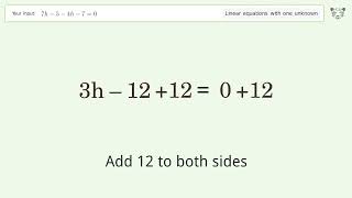 Linear equation with one unknown: Solve 7h-5-4h-7=0 step-by-step solution