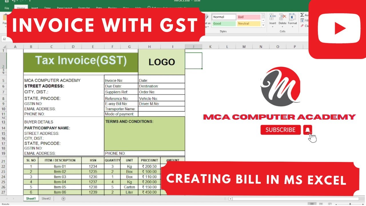 Creating A Professional Gst Invoice Bill Format In Excel Step By Step
