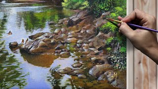 How to Paint Water and Rocks Step by Step | Easy Acrylic Painting Tutorial