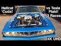 Hellcat ‘Cuda! Vs Tesla Plaid! 16.5psi Boost! E85! Best 2 of 3! Very Close Drag Races in 4K UHD