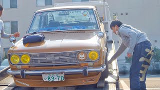 DATSUN 510ブルーバード車載積み込み風景❗ 街道レーサー いつまでも響き渡る痺れる旧車四輪の［走行音］ 愛媛県新居浜 CLASSIC CARミーティング‼️昭和の乗り物 ハコスカ ケンメリ