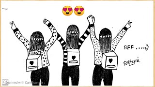 How to draw  best friends drawing || Easy 3 BFF pencil drawing for beginners || 3 BFF with bag || ❤️