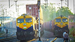 Double stack container overtaking single stack container on Delhi-Rewari high rise ohe section