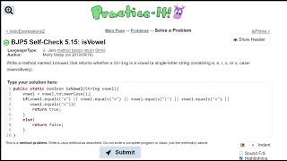 Java Practice It || 5.15 isVowel || boolean method with string parameter, .equals(), .toLowerCase()