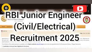 Junior engineer RECRUITMENT  in RBI 2025| APPLY NOW