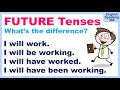 Let's compare FUTURE VERB TENSES in ENGLISH    Simple / Progressive / Perfect / Perfect Progressive