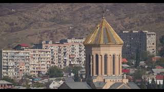 Georgian Orthodox Church Built Elia Hill. Close-up View Of Sameba Holy Trinity Cathedral Main