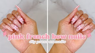 Pink French Tip Bow Charm Nails | Press On Nails At Home, Self Nails, Gel Nails