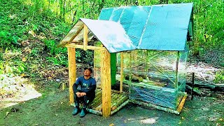 Camping in heavy rain | build a transparent hut, eat sleep in the hut.