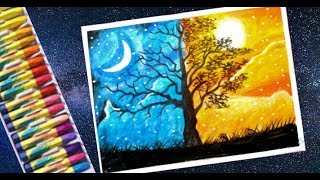 Day And Night Drawing With Oil Pastels | Step By Step