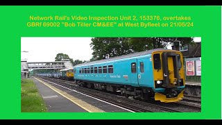 Network Rail Video Inspection Unit 2, 153376, overtakes GBRf 69002 at West Byfleet on 21/05/24