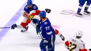 Josh Davies hit on Victor Hedman, Nikita Kucherov jumps in | Panthers Lightning 2024 NHL Highlights