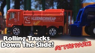 TOY GARBAGE TRUCKS Rolling Down The Slide At THE PARK!