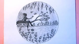 How TO Draw fairy sitting on a tree/moonligh night/draw fairy at moonlight night/scenery drawing#09