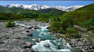 新緑と残雪の白馬山麓に松川の清流が響く・4K