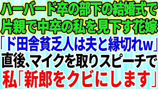 【スカッとする話】ハーバード大卒のエリート部下の結婚式で、片親で中卒の私を見下す花嫁「ド田舎出身の中卒は夫と縁切ってw」→お望み通り、スピーチで新郎にクビを言い渡した結果