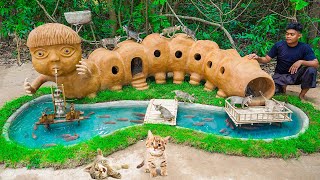 Build Mud House For Rescue Cats And Fish Pond to Raising Redfish