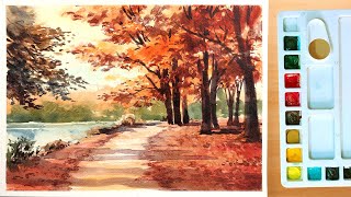 Watercolor painting for beginners Autumn Season Landscape and Trees