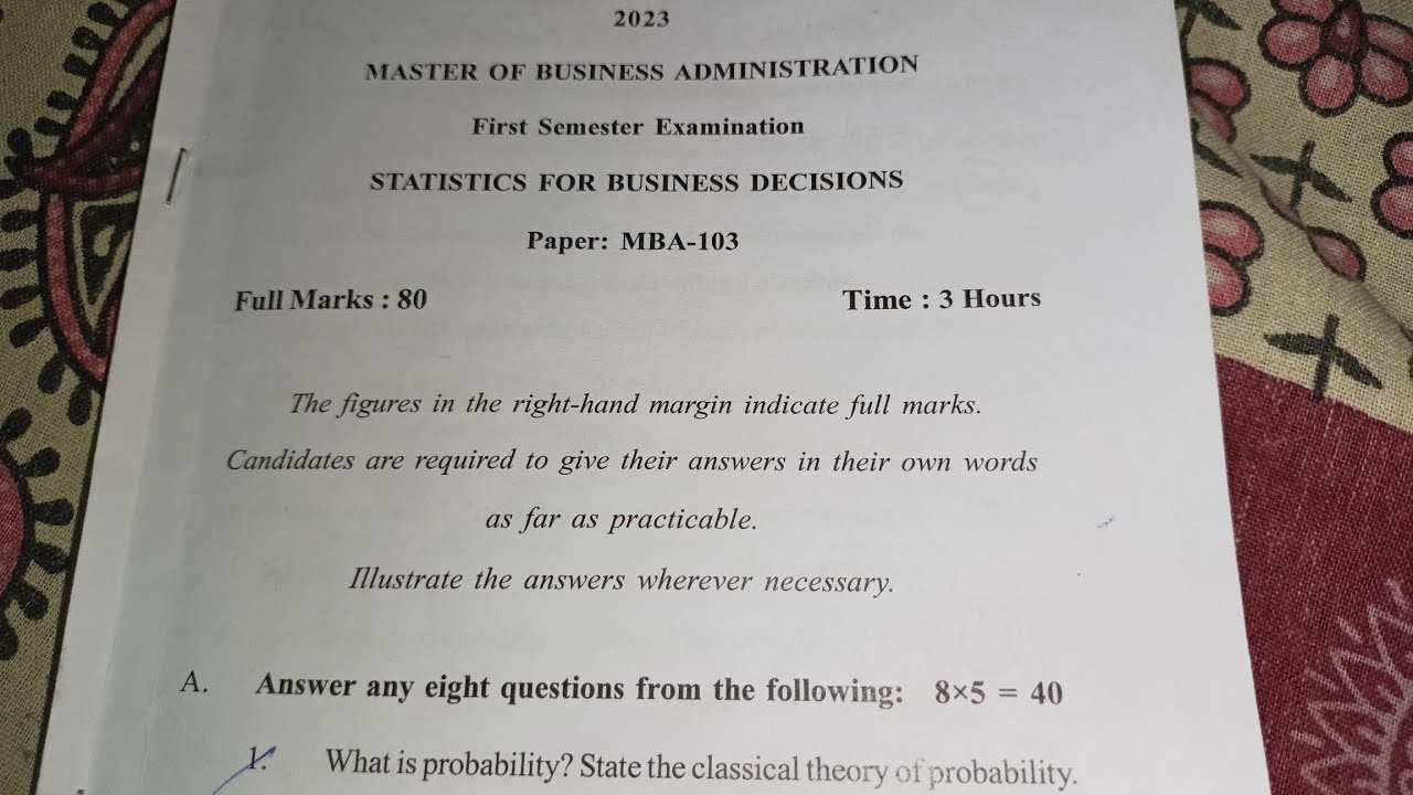 VU Eiilm MBA 1st Sem Statistics For Business Decisions Question Paper ...