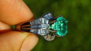 3.92cts Opulent Sparkle! Colombian Emerald \u0026 Diamond Baguette Cluster Ring 18k