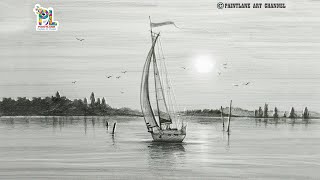 How to draw morning landscape with sailboat for beginners // Simple Pencil art
